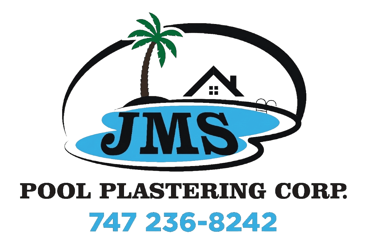 JMS Pool Plastering Corp logo with palm tree and house graphic.